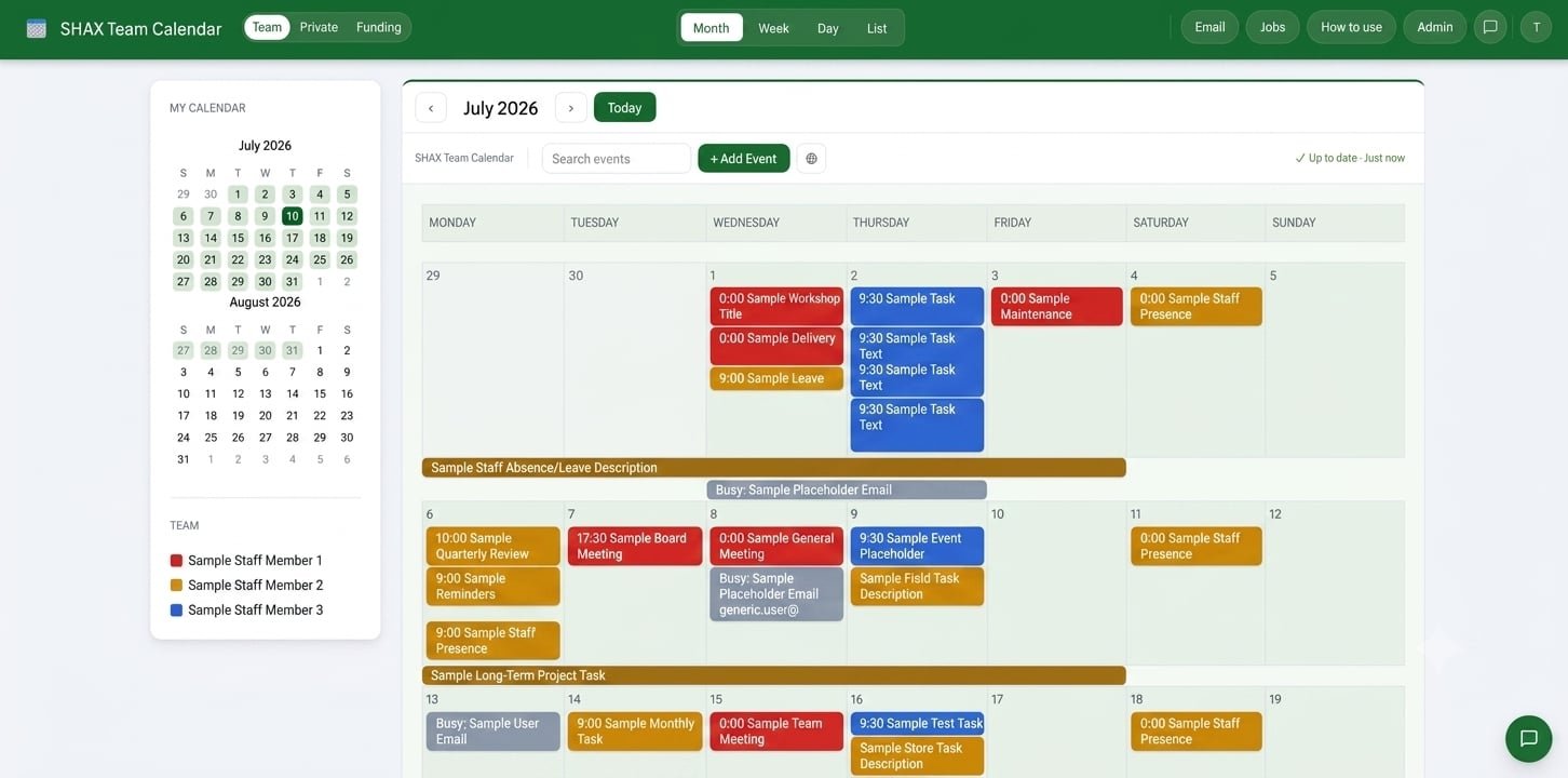 SHAX Team Calendar: monthly team schedule with events, leave, and workshops
