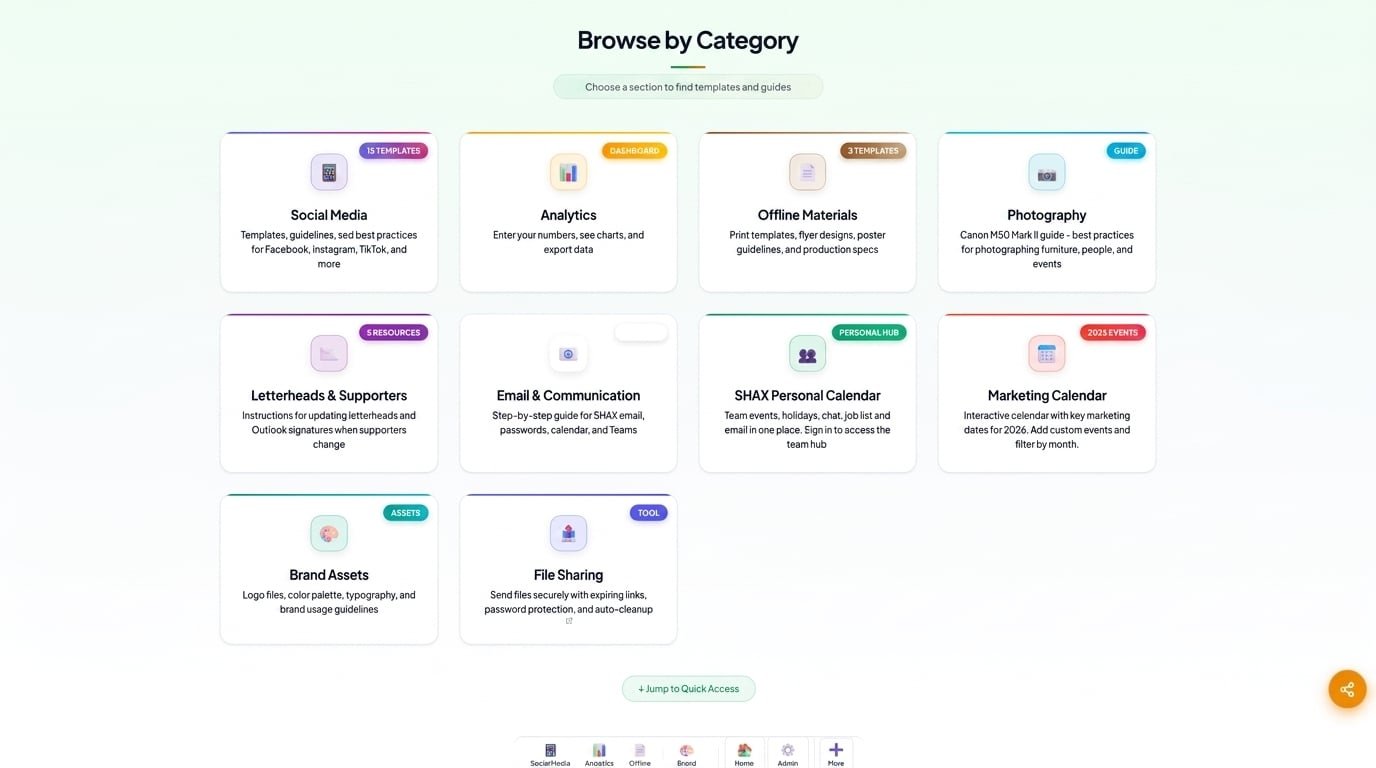 SHAX Marketing App: category hub with social, analytics, brand assets and calendars