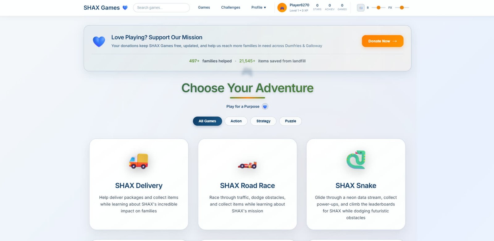 SHAX Games platform homepage