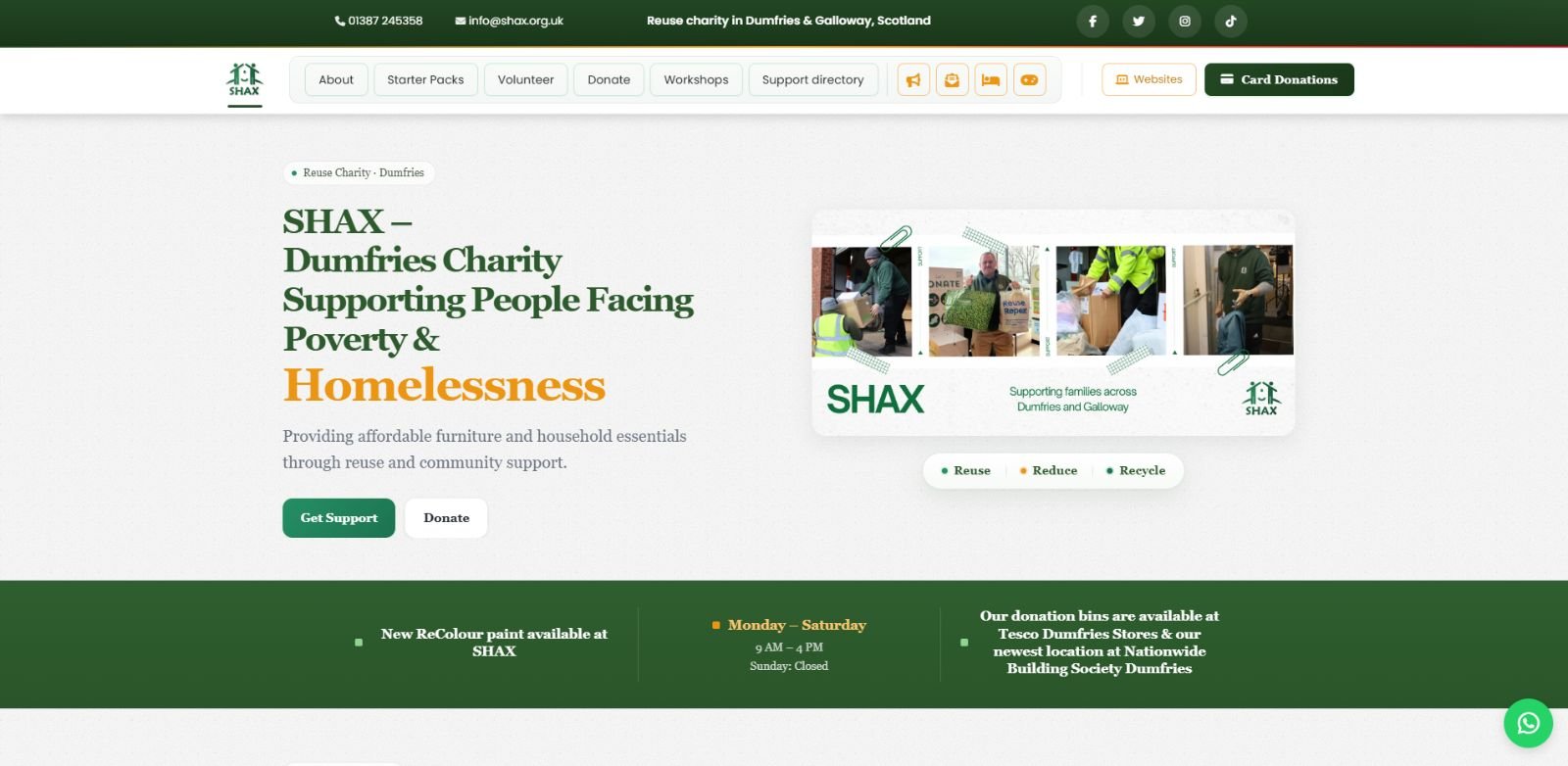 SHAX charity website homepage