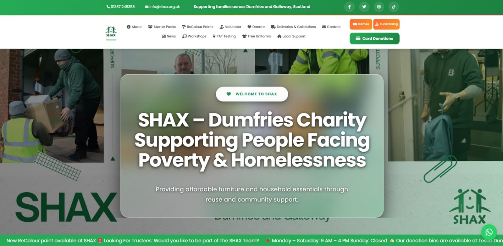 SHAX charity website homepage